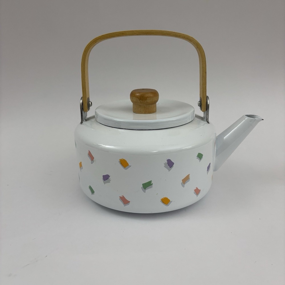 90s Teapot Saved By‎ The Bell Wood Handle Enamel Vintage Confetti Design